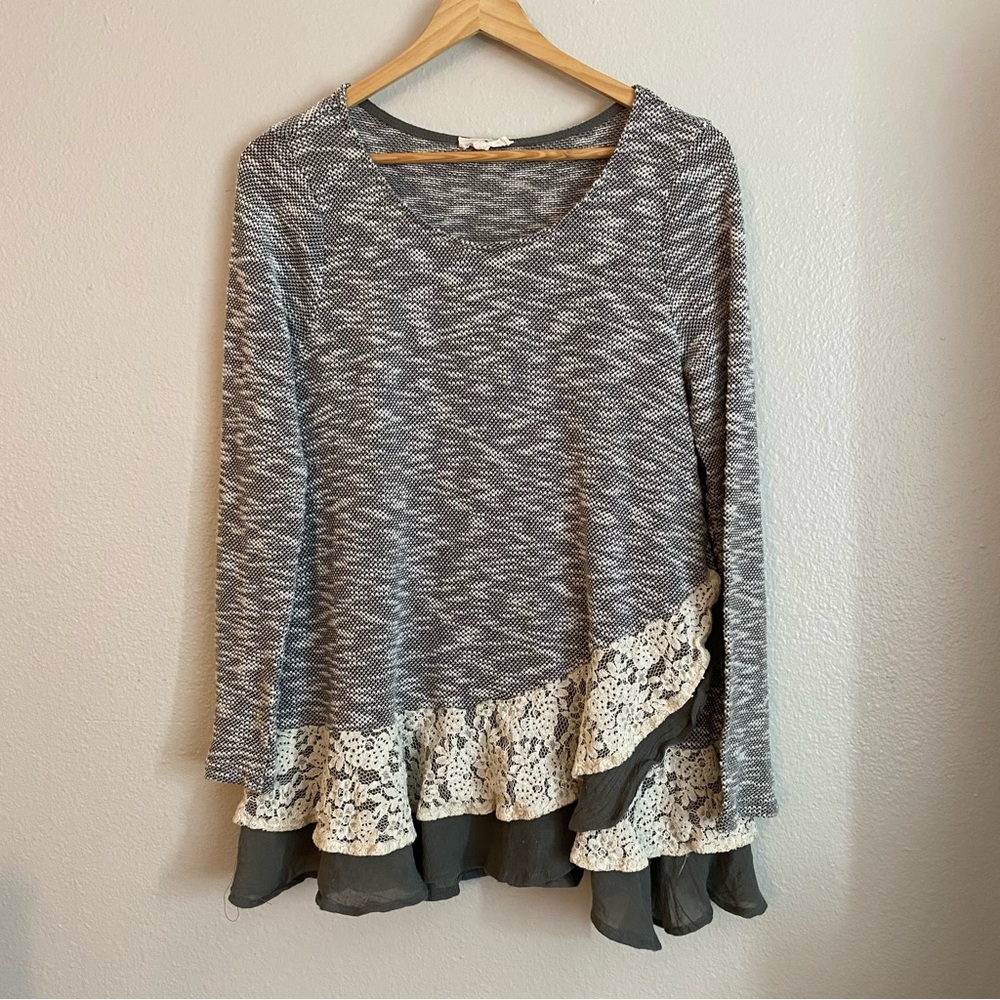 entro Marled Knit Woven Long Sleeve Tiered Ruffle Sweater Size Large